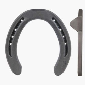 Gray horseshoe-shaped brake shoe with black friction pads along the inner curve and a separate flat tool beside it. (Drum/bike brake component)