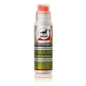 Leovet hoof hardener spray bottle with orange applicator cap and label reading "Hoof Hardener"
