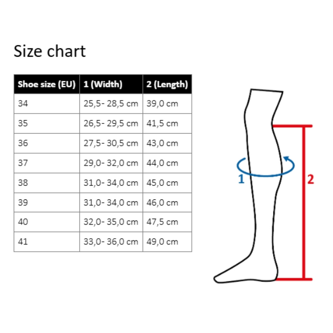 Size chart for EU shoe sizes with width and length measurements; diagram shows a leg with blue wrap around the leg (width) and a red vertical measure (length).