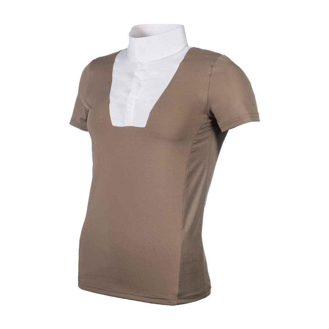 Beige short-sleeve blouse with a white front bib and stand collar.