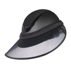 Black dome helmet with a large curved translucent visor extending as a sun shield