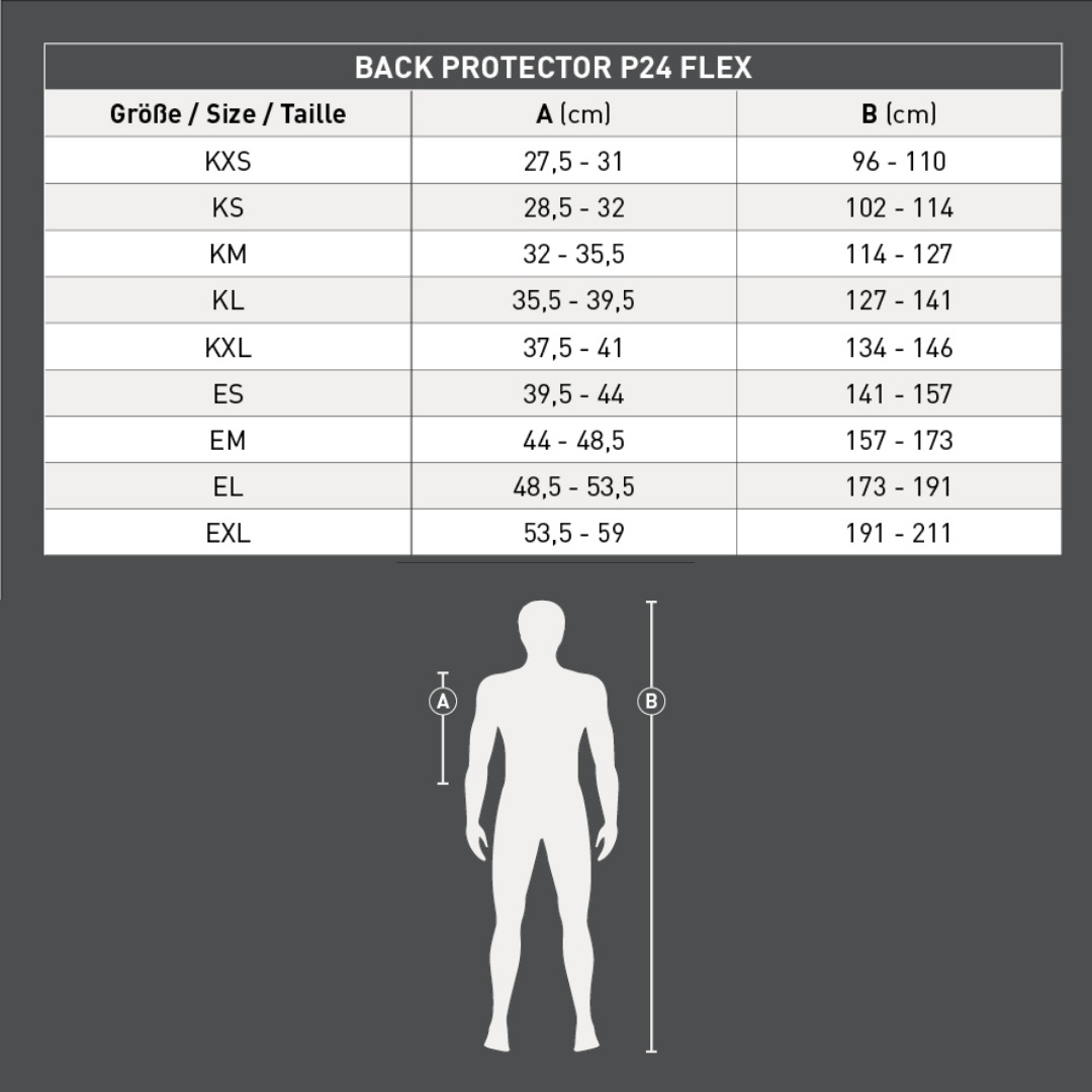 Back Protector P24 FLEX size chart (KXS–EXL) with A and B ranges; diagram shows A = torso length, B = overall height.