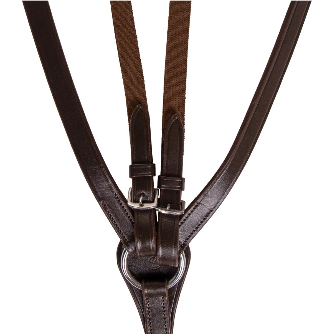 Close-up of brown leather straps with two buckles and a central metal ring.