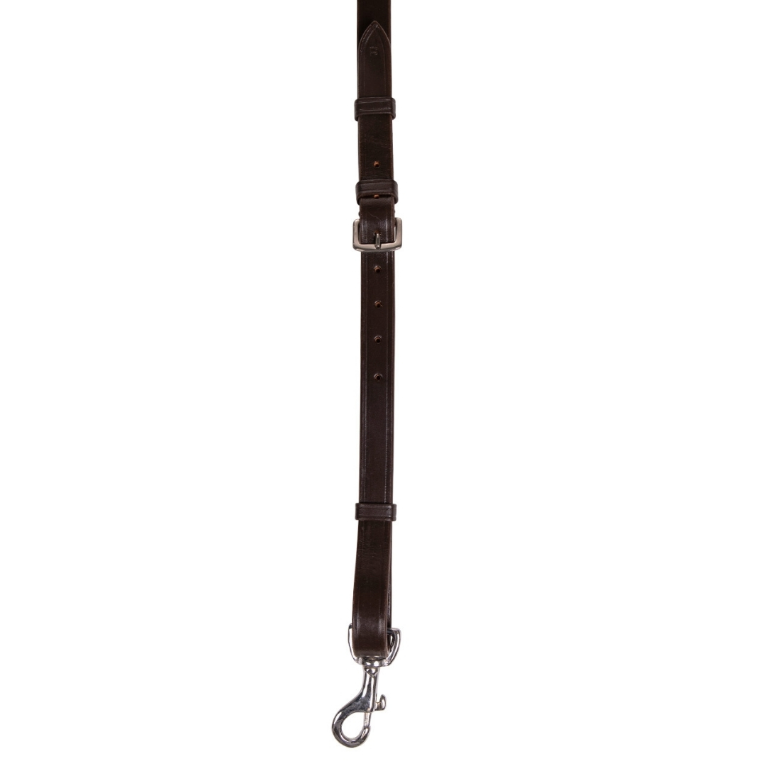 Brown leather strap with a metal lobster-claw clasp at the bottom, shown vertical for attachment to a bag or accessory.