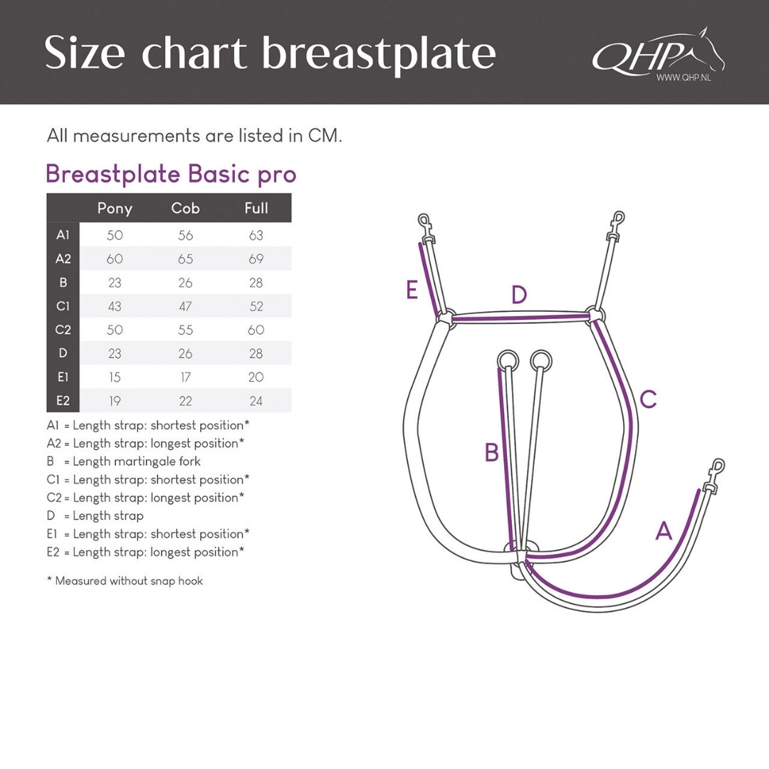 Size chart and schematic for a horse breastplate (Basic Pro): measurements in cm (A1, A2, B, C1, C2, D, E1, E2) and a labeled strap diagram (A–E) showing pony, cob, full sizes.