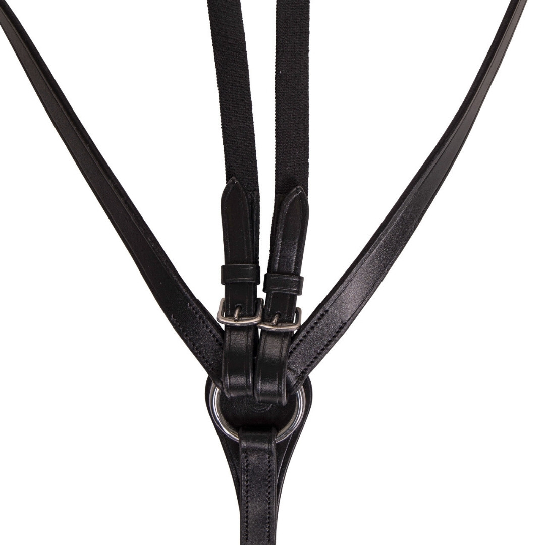 Close-up of black leather harness straps with metal rings and buckles meeting at a central ring.