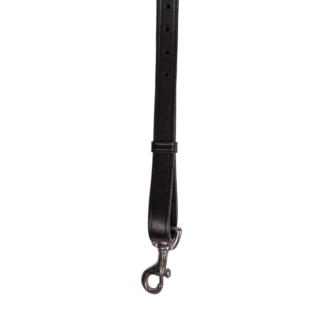 Black leather strap ending in a silver snap hook/clasp at the bottom, used as a leash attachment point.