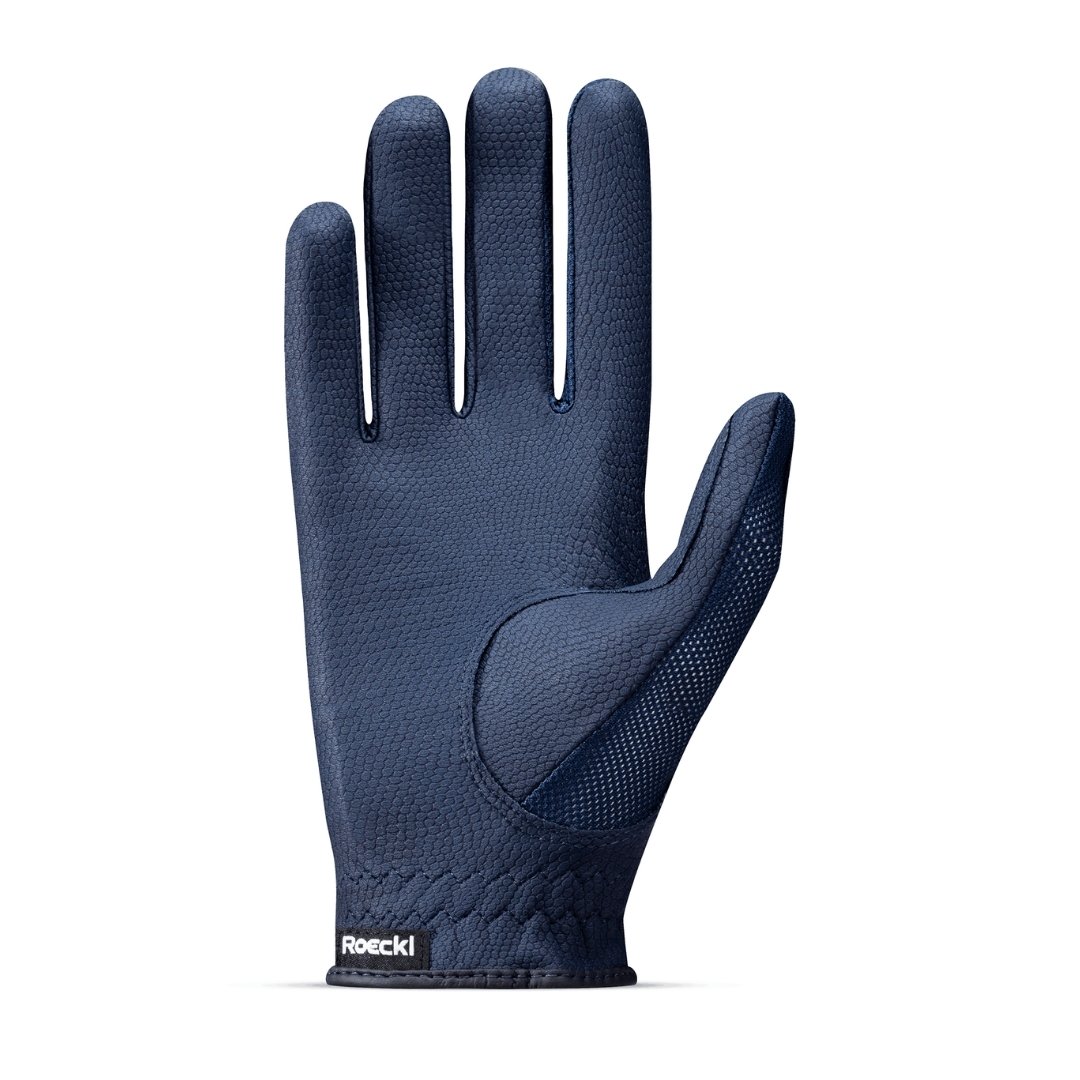 Blue textured five-finger glove with reinforced palm grip and brand label at the wrist (Roeckl)