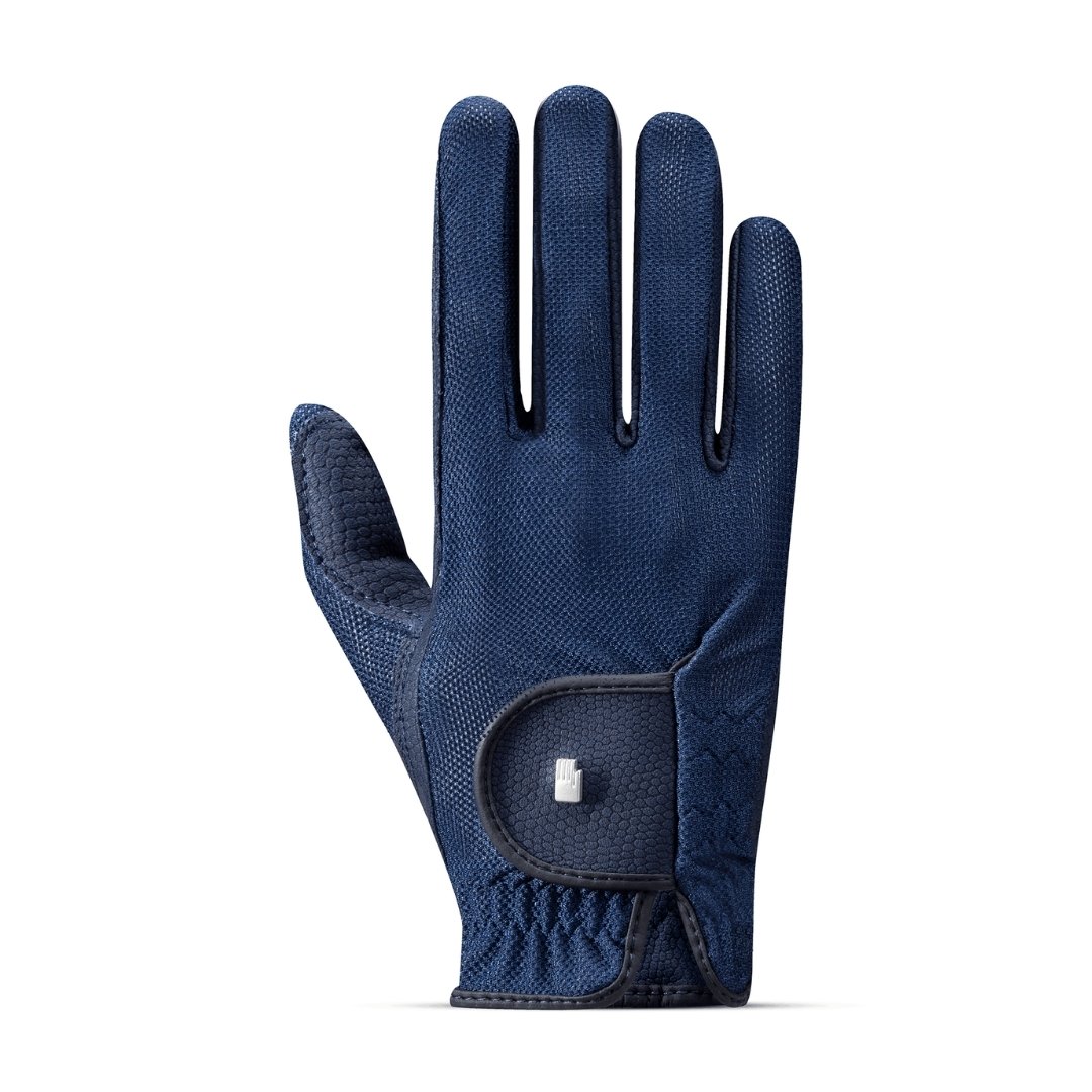 Blue protective glove with a Velcro wrist strap and textured palm area