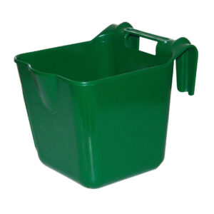 Green plastic storage tub with a built-in handle on the side.