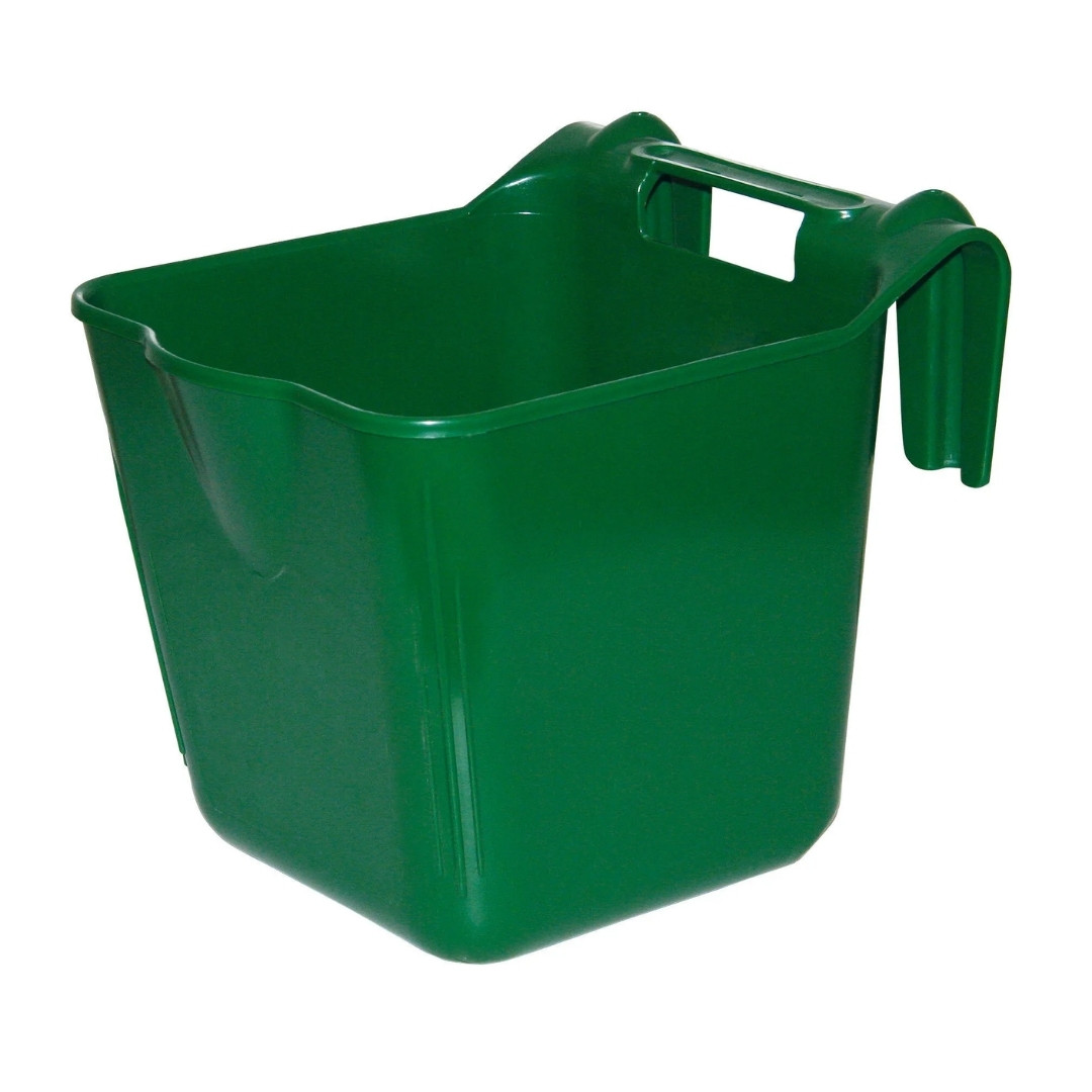 Green plastic storage tub with a built-in handle on the side.