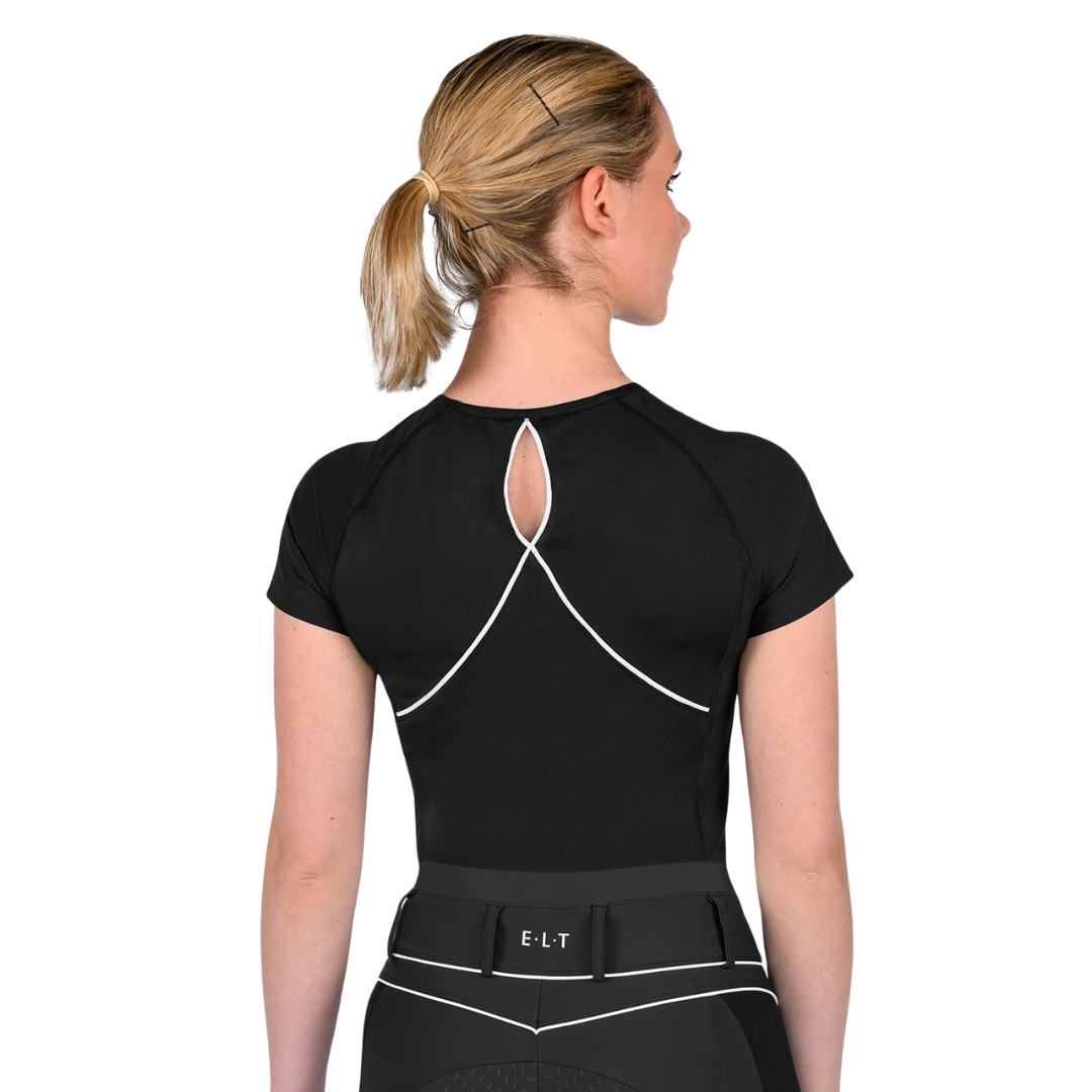 Back view of a woman wearing a black athletic top with white decorative seams forming a small keyhole opening at the upper back.