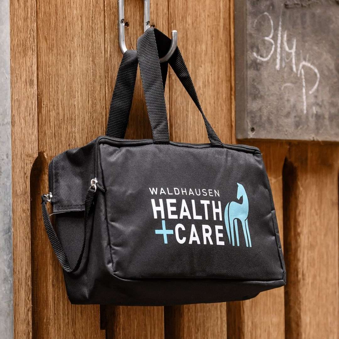 Black medical bag hanging from a hook on a wooden wall, with the Waldhausen Health Care logo and a blue horse graphic.