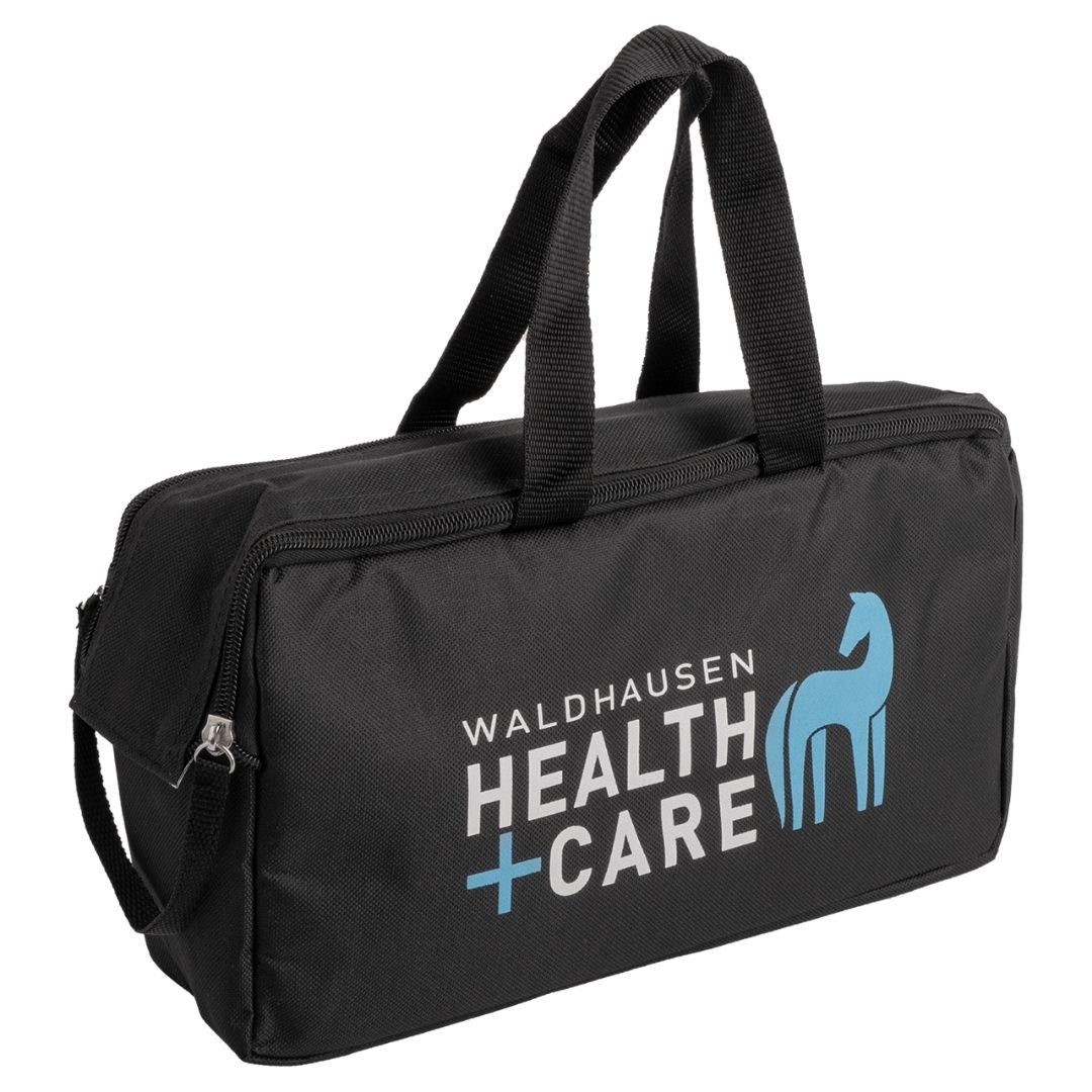 Black medical bag with two handles and a zipper, displaying the Waldhausen Health Care logo with a blue horse emblem.