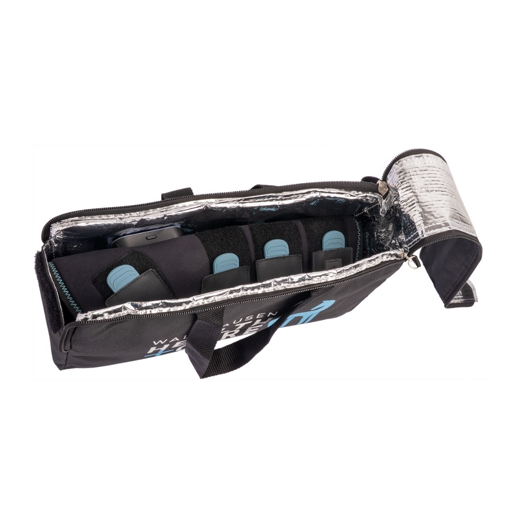 Open black insulated carrying bag with aluminum foil lining, showing six blue-cipped cylindrical devices in individual slots inside the case.