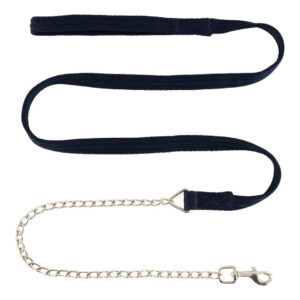 Navy blue fabric horse leash with a looped handle and metal clasp at the end.