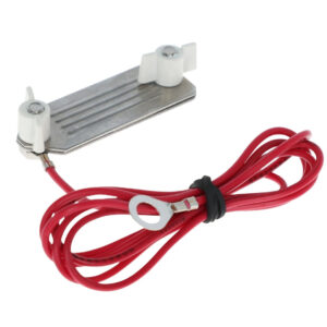 Metal mounting plate with two white plastic insulators and red wires ending in ring terminals.