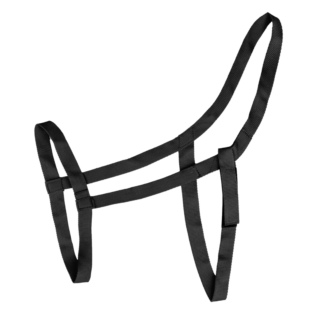 Black nylon horse headstall with adjustable straps (bridle-style tack)