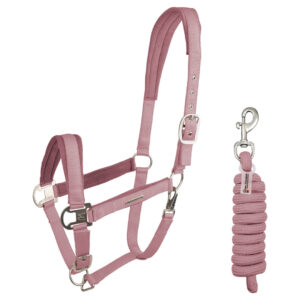 Pink nylon horse halter with adjustable straps and matching coiled lead rope, metal buckles and rings.