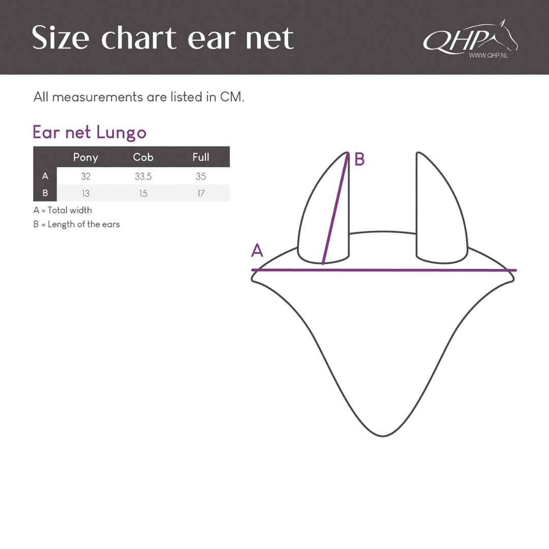 Size chart for an ear net showing A as total width and B as ear length, with cm measurements (A: 32/33.5/35; B: 13/15/17) for Pony, Cob, Full, and a purple guide line across the net with two ear tips.