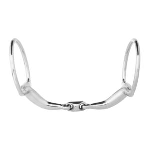 Shiny silver horse bit with two circular rings on ends and a curved mouthpiece (snaffle).