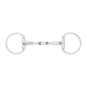 Stainless steel horse bit with circular rings on both ends and a central joint, Walhausen brand.