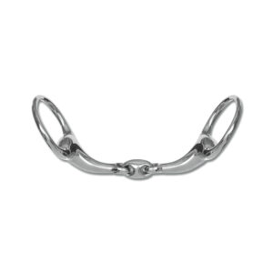 Polished stainless-steel horse bit with a jointed center and ringed cheekpieces used in bridles for riding.