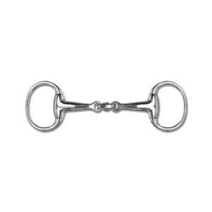 Stainless steel horse bit with circular rings on both ends, used in a bridle to control a horse