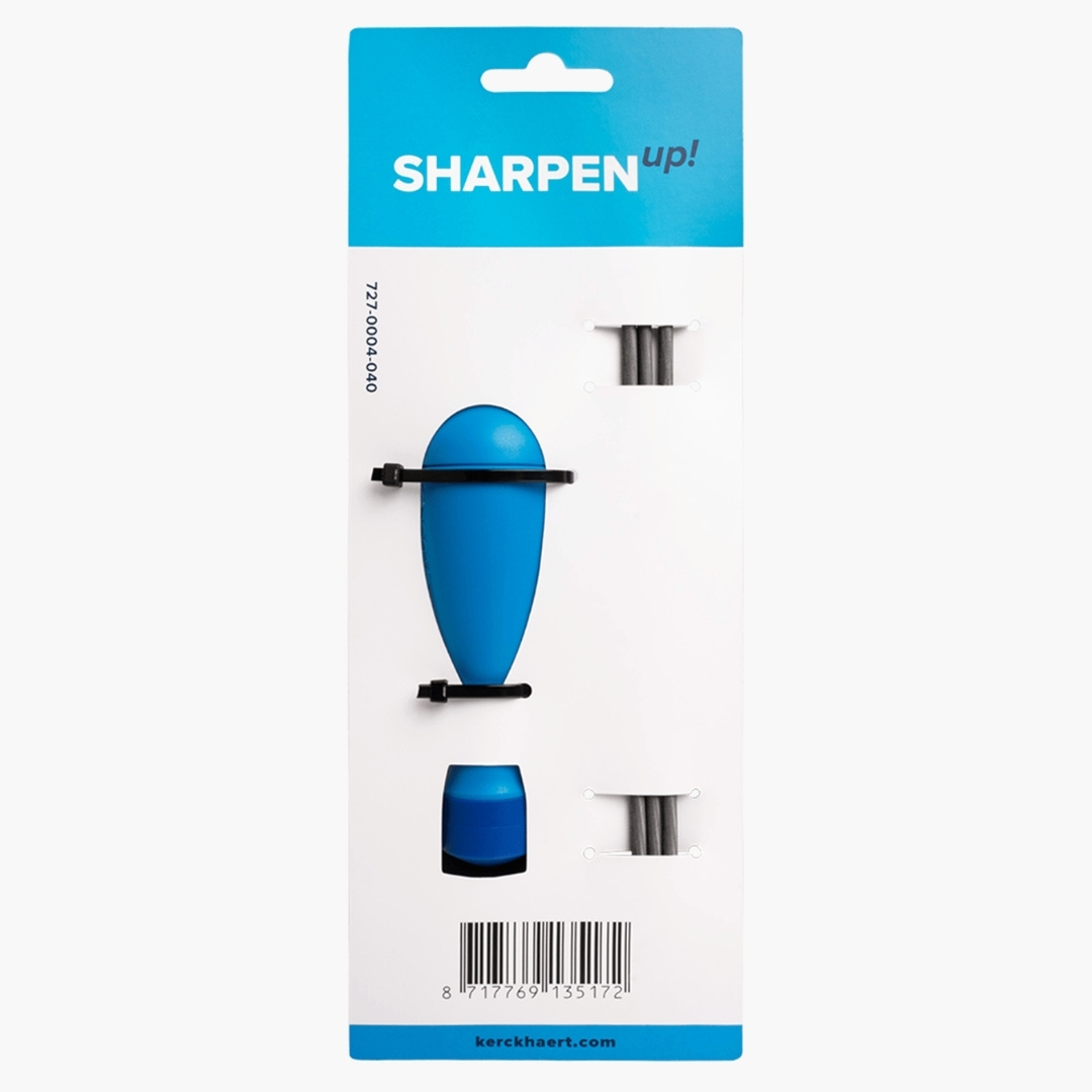 Product packaging for SHARPEN up! featuring a blue oval device with black straps and a small blue container, plus a barcode at the bottom.