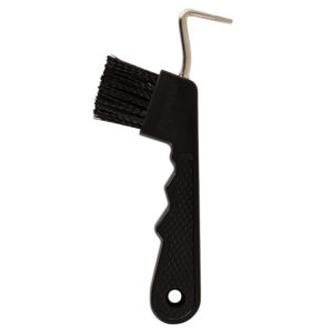 Grill cleaning brush with black handle, stiff bristles, and a curved metal scraper for scrubbing barbecue grates with ease.