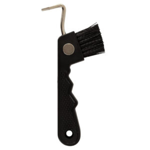 Handheld cleaning brush with black plastic handle, short black bristles, and a curved metal scraper hook at the top.
