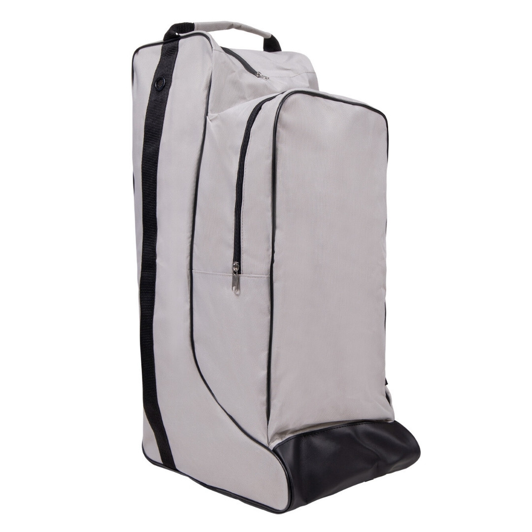 Light gray garment bag with black trim and base, standing upright with zipped compartments for travel storage