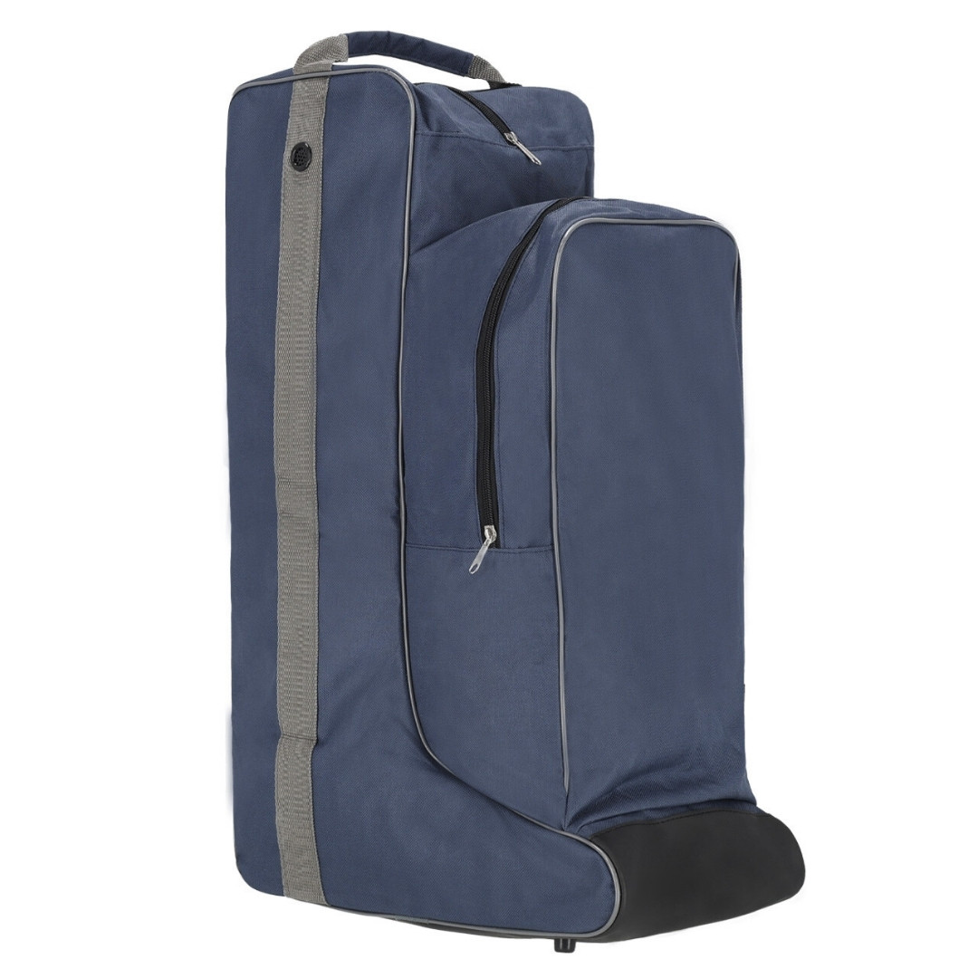 Navy blue rolling garment bag with a gray strap and front zipper pocket, standing upright on a rounded bottom edge.