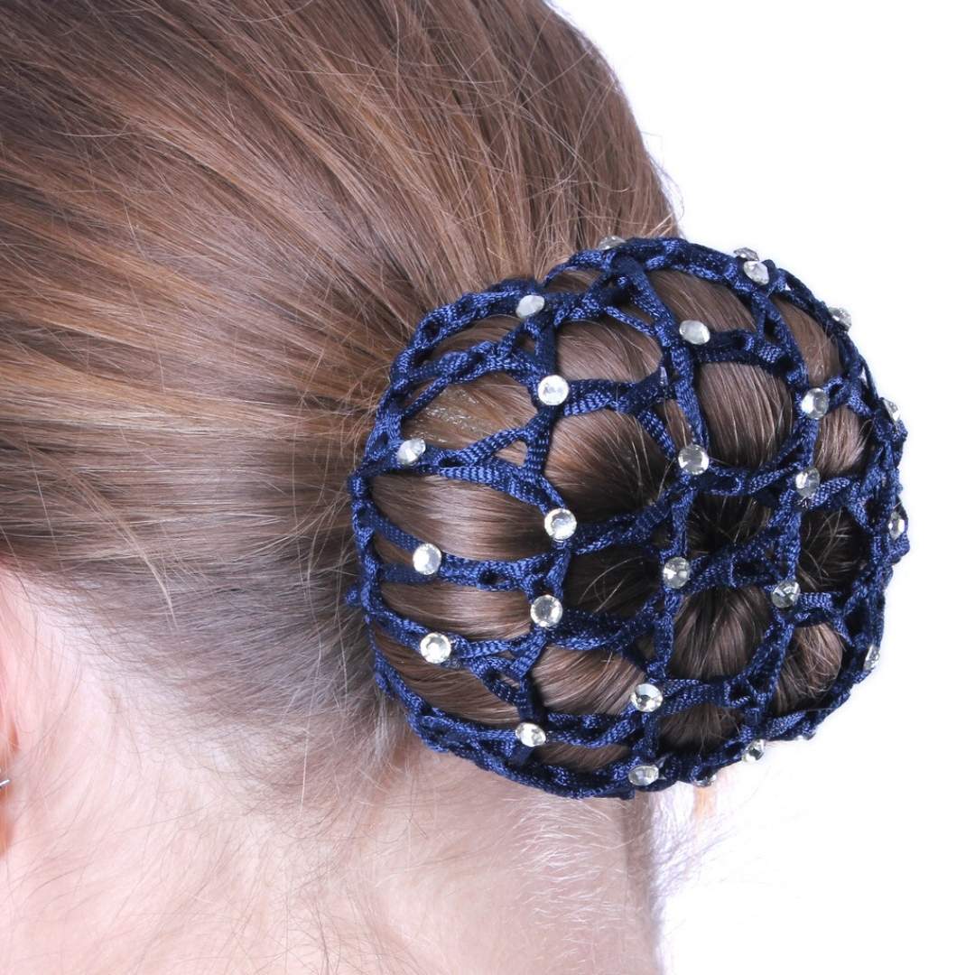 Navy blue woven hair bun accessory with rhinestone accents wrapped around a bun in brown hair.