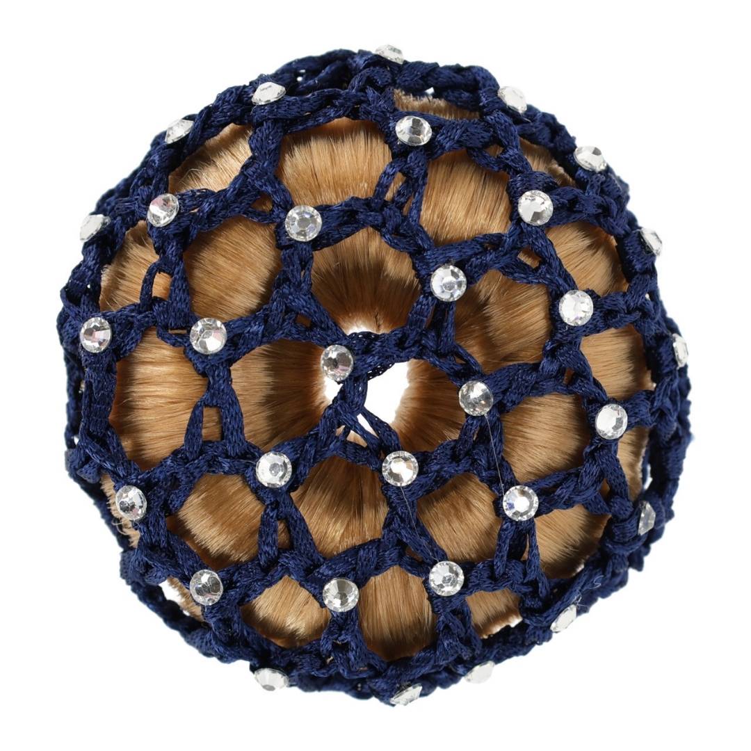 Decorative navy blue crocheted hair bun cover with clear rhinestones around a hair bun motif