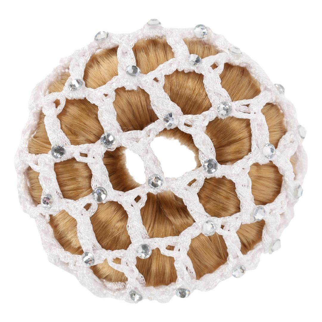 White crocheted hair bun cover with crystal beads around a bun of hair, forming a decorative circular ornament