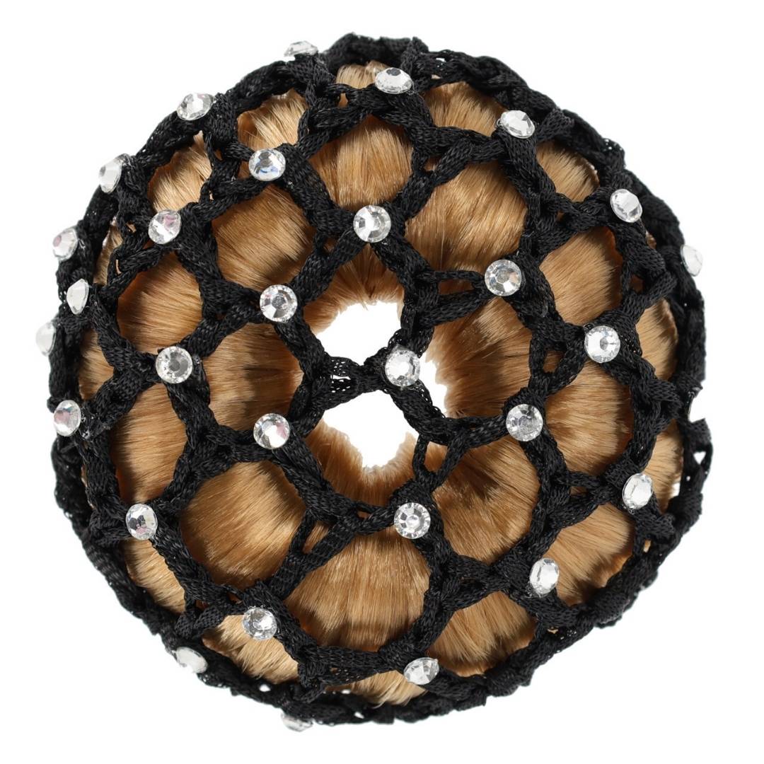 Decorative black crochet bun cover with clear crystals worn over a wrapped brown hair bun.