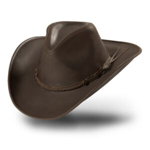 Kožni western šešir Bandera Brown leather cowboy hat with a braided band and tassels on a white background.