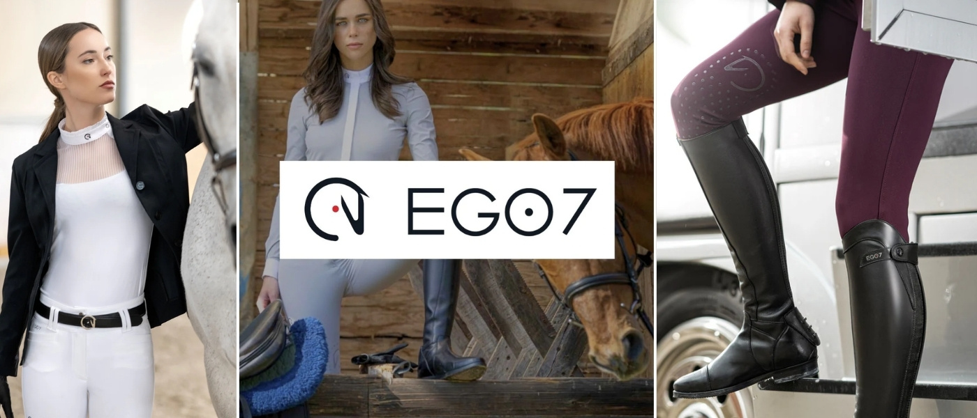 Three-panel collage promoting EGO7: left a woman in white riding outfit with a horse, center a rider by a horse with the EGO7 logo, right close-up of black riding boots and maroon breeches.