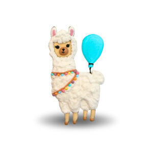 White alpaca plush with a blue balloon tied to its back and a multicolor garland, set against a white background.