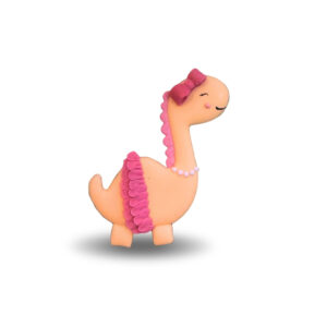 Smiling peach dinosaur toy with pink ruffled mane, bow, and bead necklace.