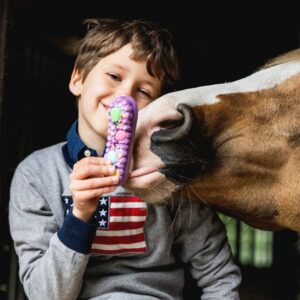 Boy smiles as a horse nuzzles his face while he holds a purple grooming brush.