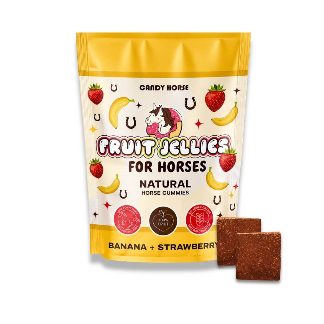 Bag of Fruit Jellies for Horses, Banana + Strawberry flavor, horse gummies with colorful packaging and two brown squares outside the bag