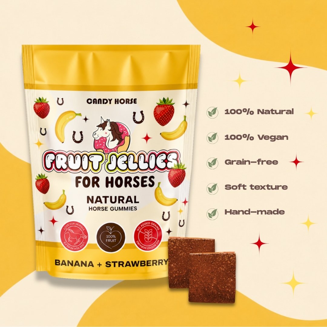 Banana and strawberry horse gummies in a bright yellow bag with a cartoon unicorn; highlights: 100% Natural, vegan, grain-free, soft texture, hand-made.