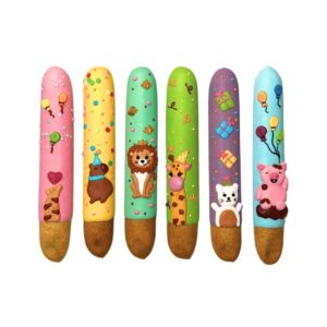 Six colorful cake pops decorated with animal and party designs, arranged in a row.