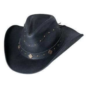 Black cowboy hat Kožni western šešir Dundee with a studded band and brass accents, viewed from above. Designed leather look with wide brim and crease crown.