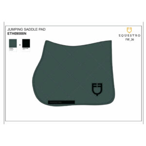 Jumping saddle pad in dark green with diamond quilting and black brand emblem (Equestro) on the corner.