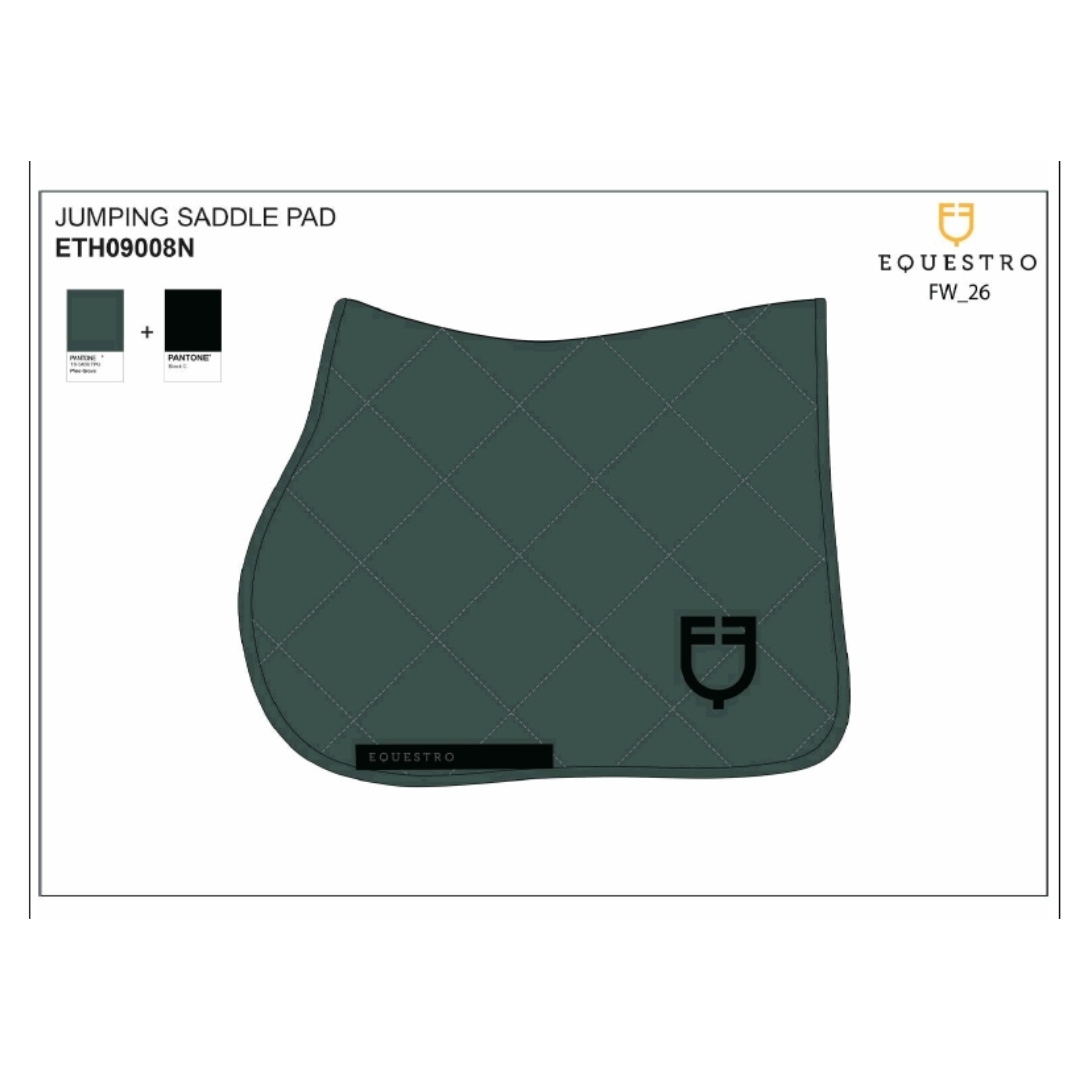 Jumping saddle pad in dark green with diamond quilting and black brand emblem (Equestro) on the corner.