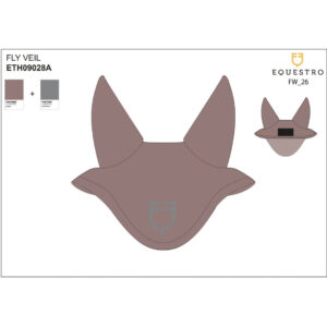 Illustration of a brown horse fly veil with two ear panels, shown from front and a small side view, plus Pantone color swatches and EQUESTRO FW_26 branding.
