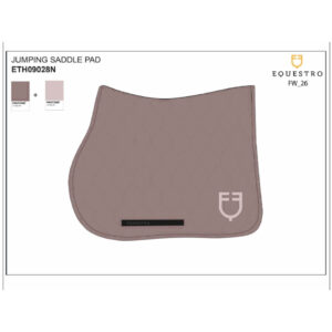 Dusty pink jumping saddle pad with a small logo at the bottom right and a black brand label; Pantone color swatches shown at top-left.